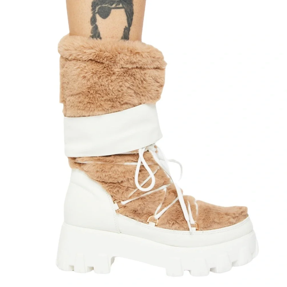 Tan & Winter White Vegan Leather & Fur Boots